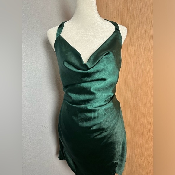 Here Comes The Sun Forrest Green Satin Mini Dress, Size Small (v) - Picture 2 of 9